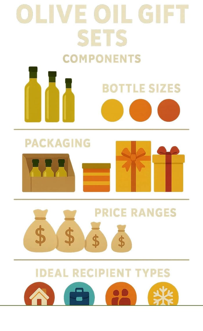 Comprehensive breakdown of olive oil gift set components including bottle sizes, flavor profiles, packaging options, price ranges, and ideal recipient types - olive oil gift sets infographic 