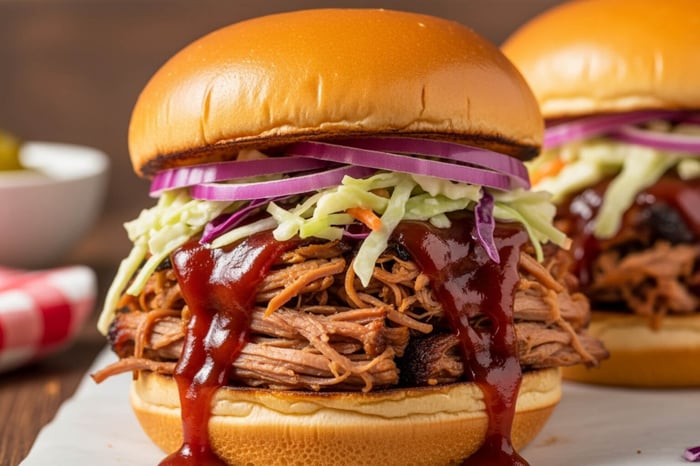 pulled pork sandwiches with a glistening sweet and tangy sauce - sweet and tangy