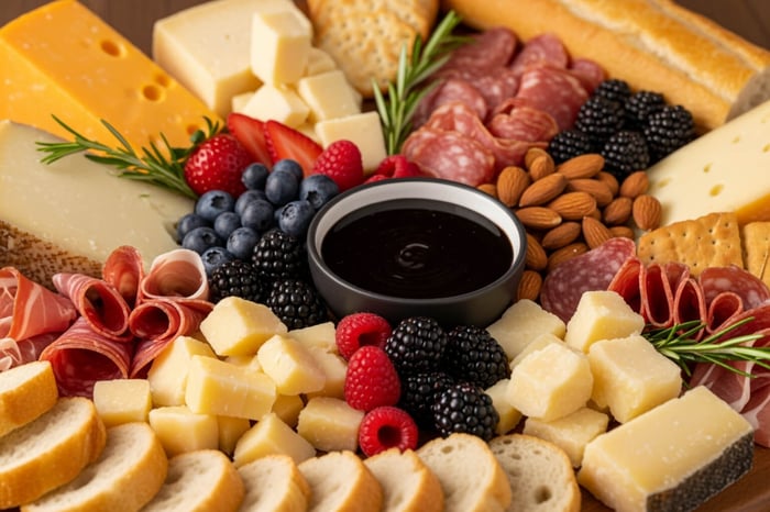 a beautiful cheese board featuring hard cheeses, fresh berries, and a small bowl of Dark Chocolate Balsamic Vinegar for dipping. - how to use dark chocolate balsamic vinegar