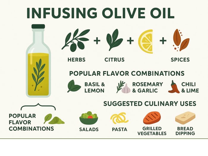 Detailed infographic showing the infusion process of olive oils with various ingredients like herbs, citrus, and spices, alongside popular flavor combinations and suggested culinary uses - infused olive oil gift set infographic 