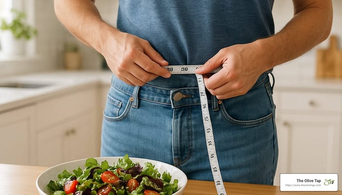 person measuring waist with measuring tape next to salad with balsamic dressing - balsamic dressing benefits