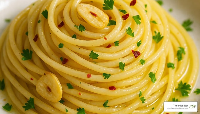 Twirled spaghetti with olive oil, garlic, chili flakes, and parsley - Mediterranean cooking with olive oil