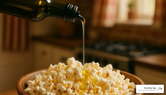 olive oil being drizzled over popcorn - butter flavored olive oil
