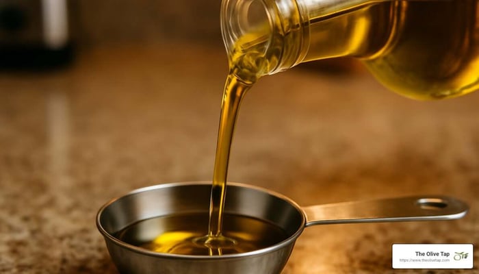 olive oil being poured into a measuring spoon - butter flavored olive oil