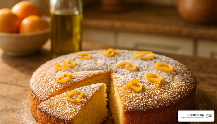 Sliced olive oil cake with orange zest and powdered sugar - Mediterranean cooking with olive oil