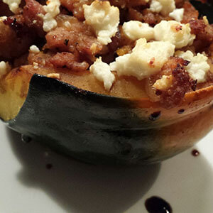 Easy Thanksgiving Recipes - Roasted Acorn Squash with Sausage Stuffing and Balsamic Glaze
