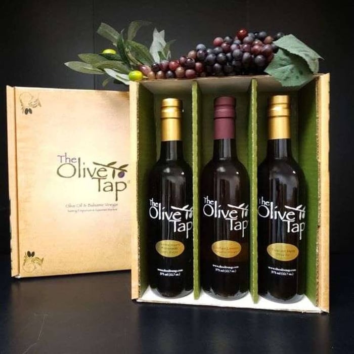 Three Bottles of Olive Oil and Vinegar in a Decorative Gift Box