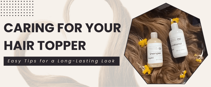 Hair topper care essentials: shampoo and conditioner bottles placed on natural-looking hair with decorative yellow flowers.