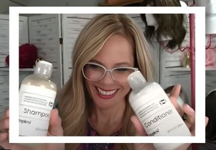 Melissa Summerford showcasing the Dimples' sulfate-free shampoo and conditioner for Remy Human Hair wigs and hair toppers.