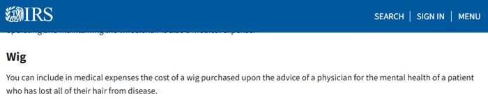 A screenshot of the IRS website about Tax Deductions for Wigs
