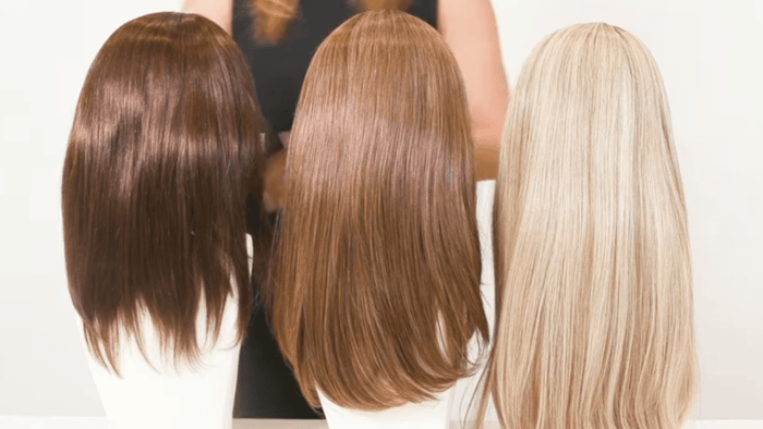 Remy human hair wigs in different lengths and colors.