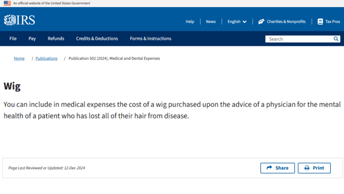 A screenshot of the IRS website about Tax Deductions for Wigs