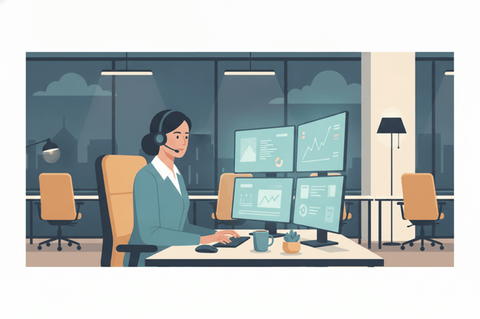 IT help desk technician providing remote support at night on multiple monitors