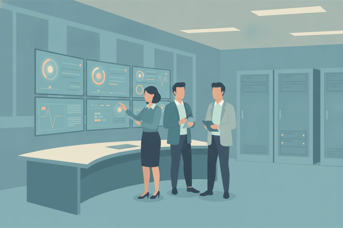 Team of IT professionals collaborating in a network operations center