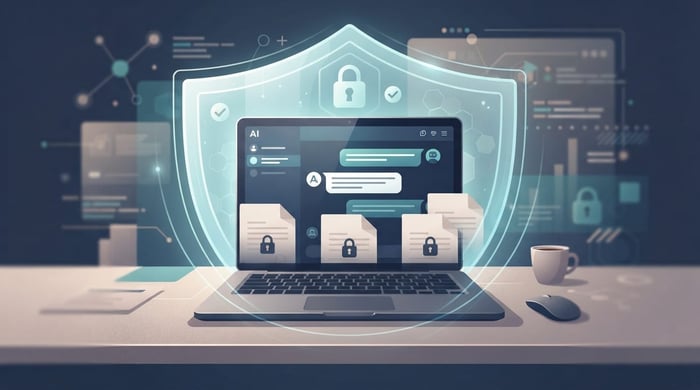 Illustration of a laptop running an AI chat tool protected by a security shield keeping company documents safe
