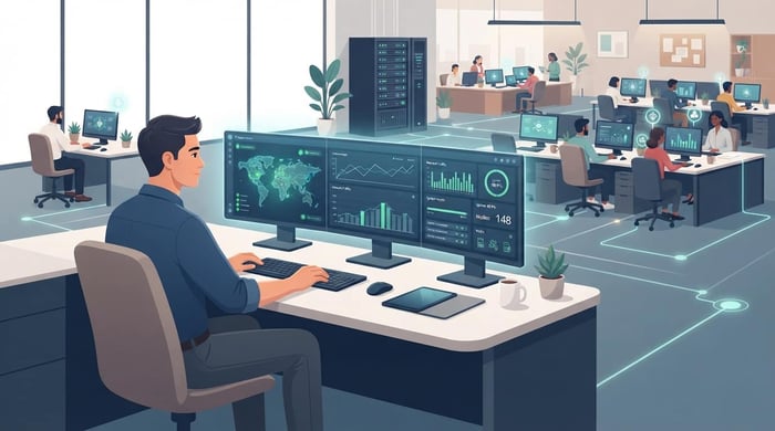Illustration of an IT support technician monitoring a dashboard that oversees office workstations using AI tools
