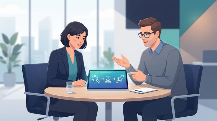 Illustration of an IT consultant and a small business owner reviewing a three-phase AI rollout plan on a tablet