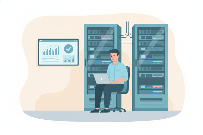 IT technician monitoring server backup and network infrastructure status on a dashboard