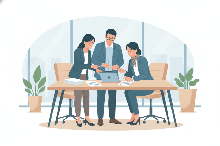 Small business team reviewing a business continuity plan document together in an office