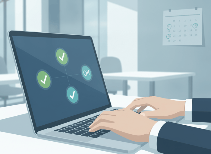 An IT professional reviewing a system status dashboard with a testing schedule calendar in the background