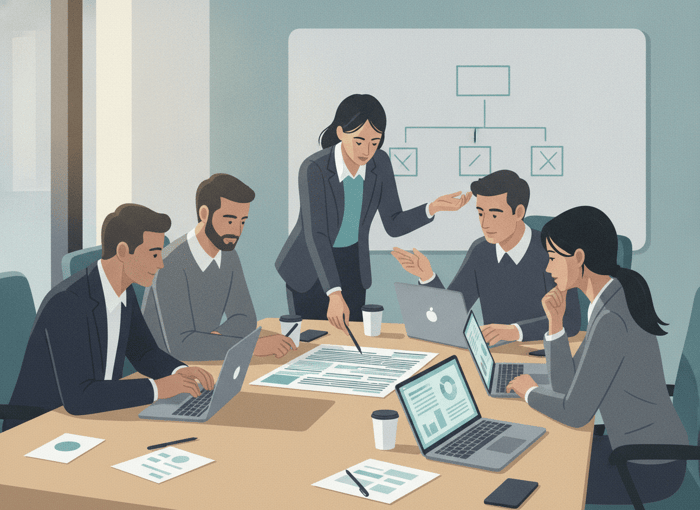 A small business team gathered around a table for a tabletop disaster recovery exercise