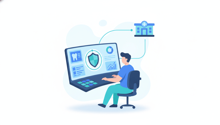 IT support technician monitoring security and network dashboards for a healthcare practice