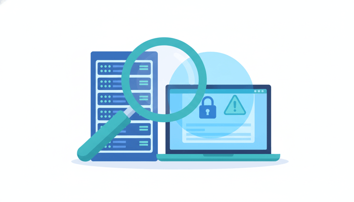 Magnifying glass reviewing a server and laptop for a HIPAA IT security risk assessment