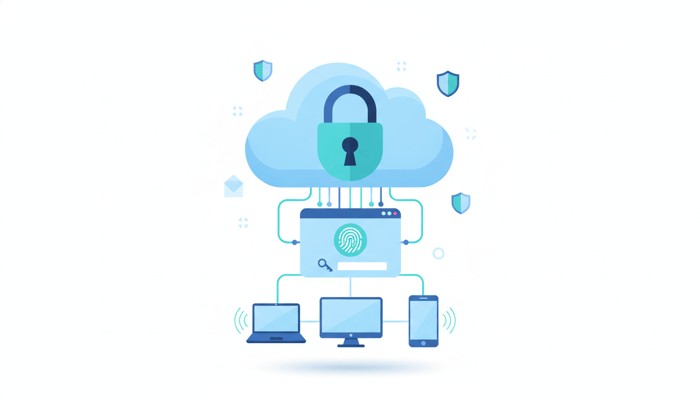 Encrypted cloud storage with secure login connected to laptop, desktop, and mobile devices
