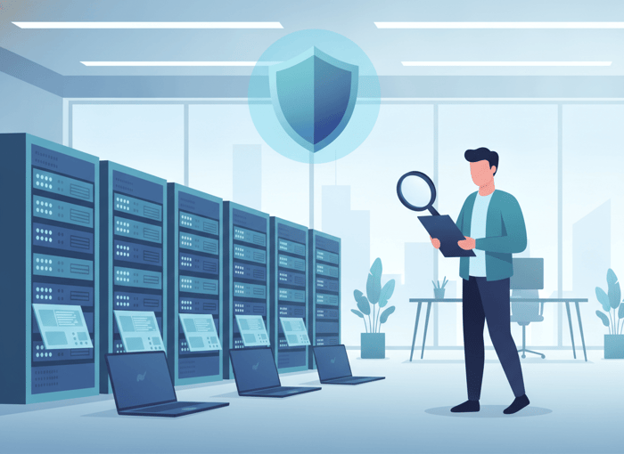 Illustration of an IT professional auditing servers and devices for security and compliance