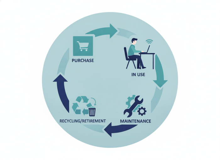 Illustration of the IT asset lifecycle from procurement through deployment, maintenance, and retirement