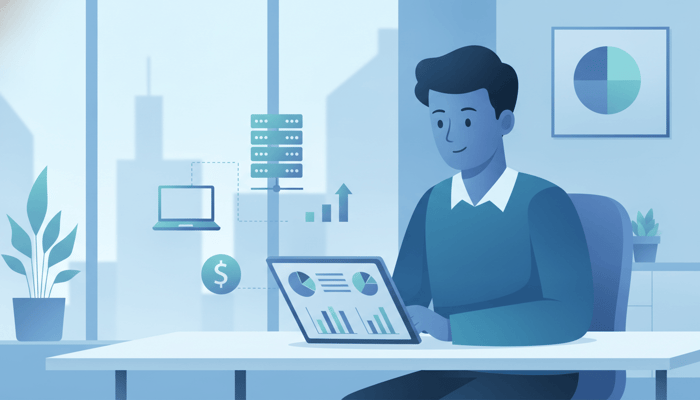 Illustration of a business owner reviewing an IT budget dashboard on a laptop