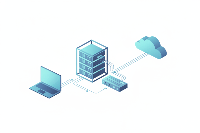 Illustration of small business servers, network equipment, and cloud services connected together