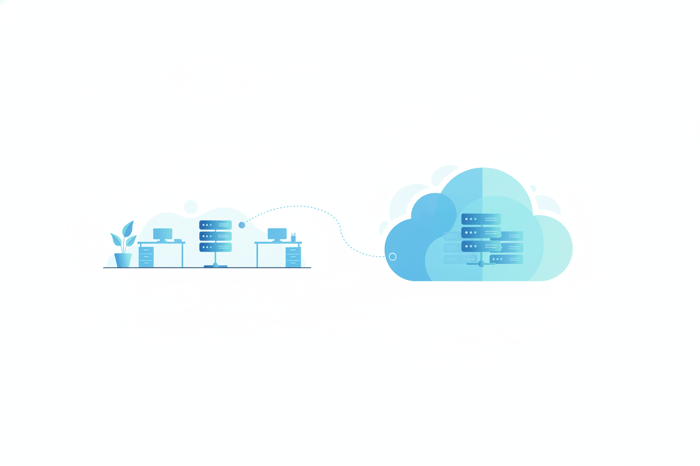 Illustration comparing on-premises servers with cloud infrastructure in a hybrid setup
