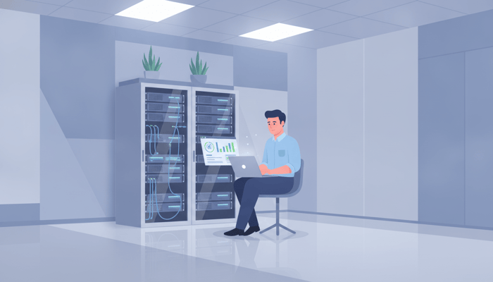 IT technician monitoring server backup and recovery status in a server closet