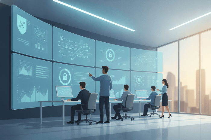 IT operations team monitoring network health and security dashboards