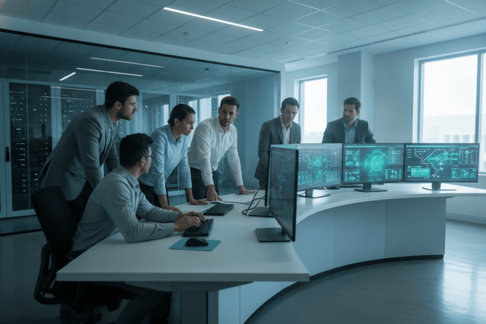 Managed IT services provider team monitoring network dashboards