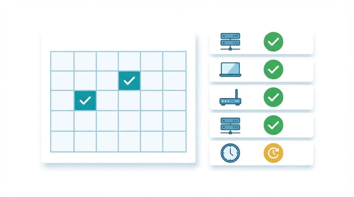 Calendar with scheduled maintenance windows and checkmarks beside a device status dashboard