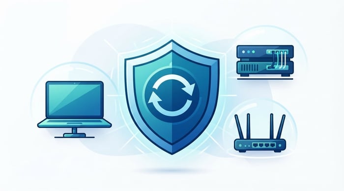 Shield with a circular update arrow protecting a laptop, server, and network router
