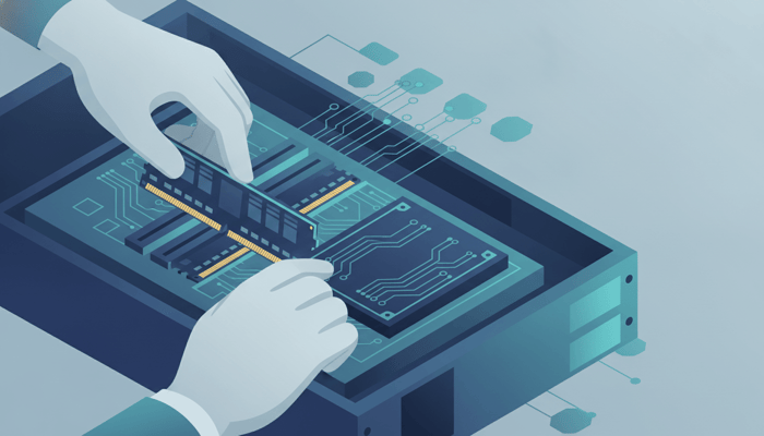 An IT technician adding RAM and storage to a server to extend its lifespan instead of replacing it