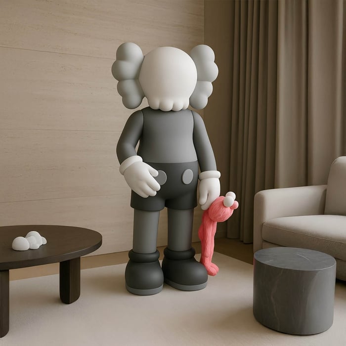 A large sculpture of a cartoon character with X eyes in a grey outfit cradles a Soft Grey Iconify Pink Furry Toy Sculpture - 168cm by Giant Sculptures, enhancing the rooms minimalist vibe. A white chair, round table with small sculptures, and cylindrical ottoman complete the contemporary design.