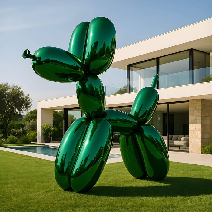 A Forrest Green Balloon Dog Sculpture - 240cm from Giant Sculptures, featuring an electroplated finish, is showcased on a lawn in front of a modern house. Its contemporary design contrasts elegantly with expansive windows, a pool, and the clear blue sky.