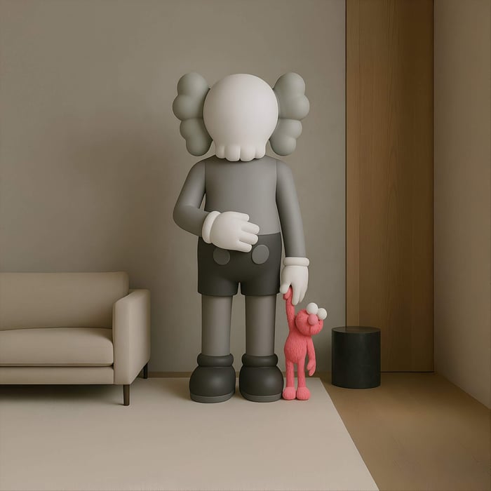 A modern design: The soft grey sculpture from Giant Sculptures features a gray cartoon-like figure with X eyes wearing gloves and black shorts, holding a smaller red figure. They stand beside a beige couch and black table, as part of the 180cm Soft Grey Iconify Pink Furry Toy Sculpture.