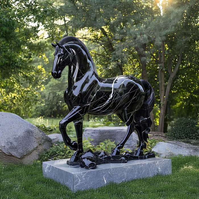 Glossy black horse sculpture on marble pedestal outdoors
