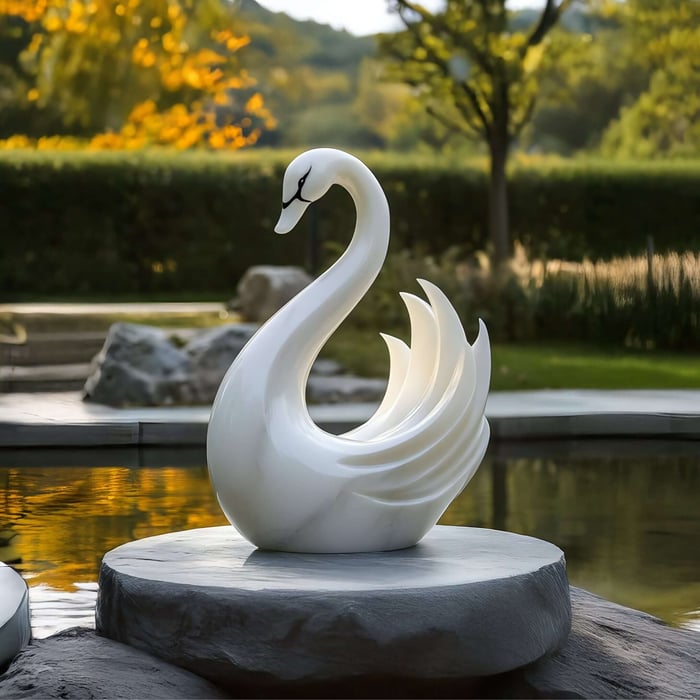 White Swan Sculpture on Stone – A sleek swan statue with curved wings, placed on a circular stone platform in a landscaped garden.