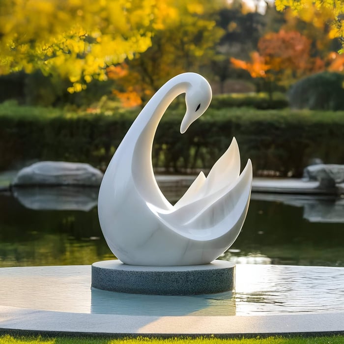 Graceful white swan sculpture with stylized wings curved inward, floating on a round platform in a peaceful garden pond.