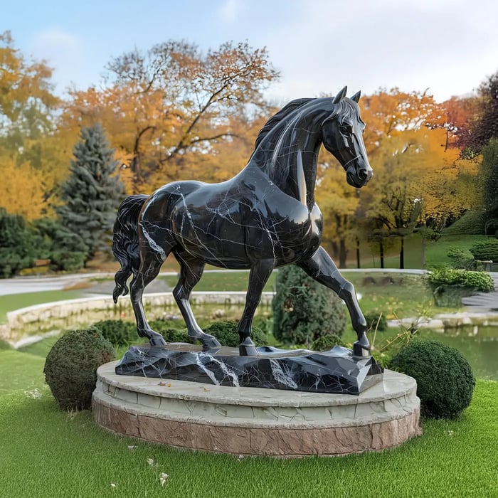 Black marble horse statue on a pedestal in a park – A detailed black marble horse sculpture with white veins displayed in a manicured landscape.