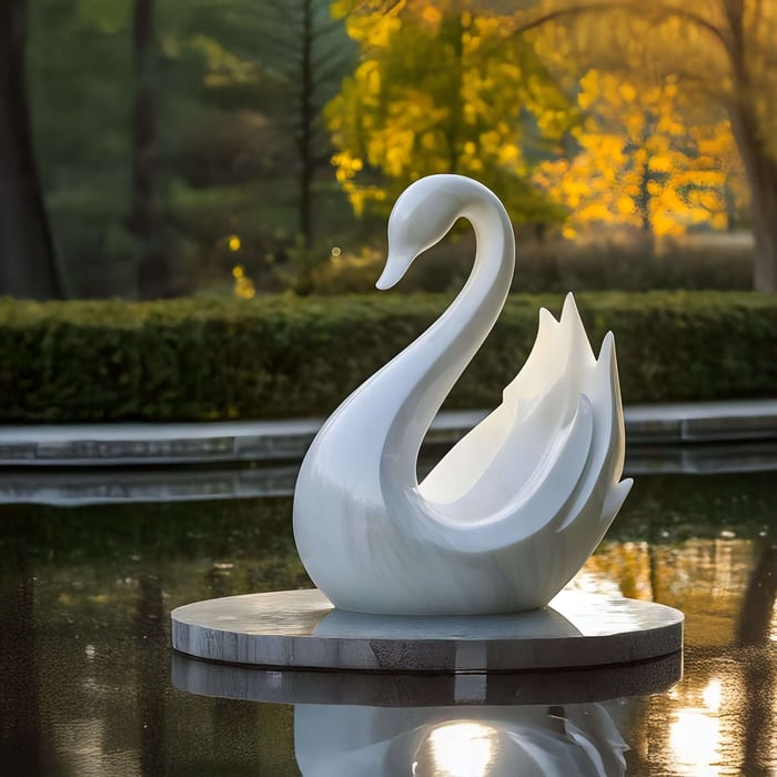 White swan sculpture floating on a reflective water surface.