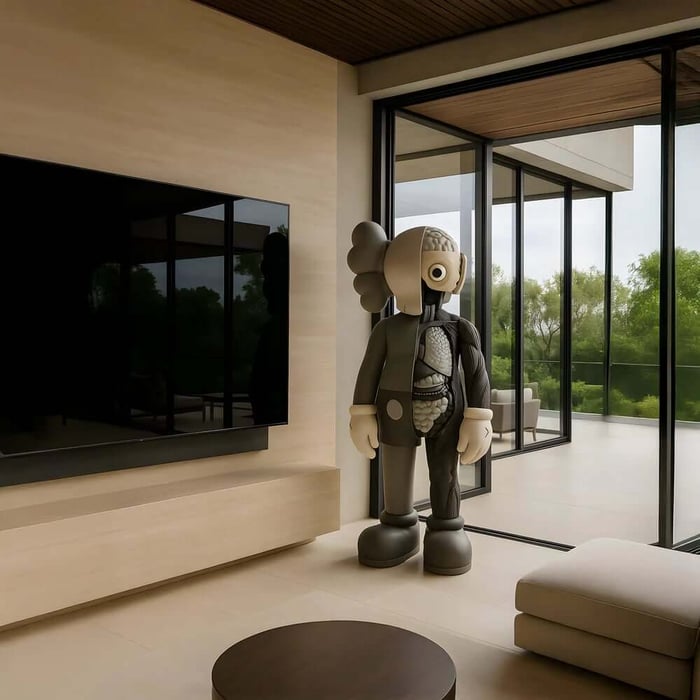 A large gray art-figure sculpture stands beside a wall-mounted flat-screen TV in a modern, daylight-filled living room with light wood walls, a low console, floor-to-ceiling glass doors, and green trees visible outside.