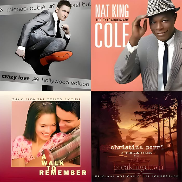 4 album covers including, Michael Buble, Nat Kign Cole, A walk to Remember and Christina Perry