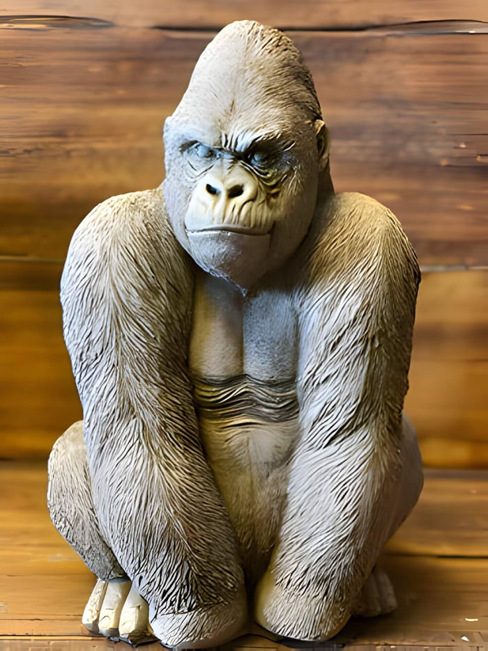 a beige stone gorilla sculpture